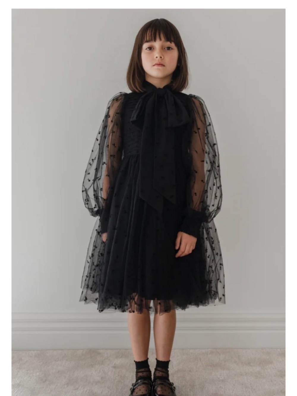 Petit Amalie black rose flocked mesh bow dress
